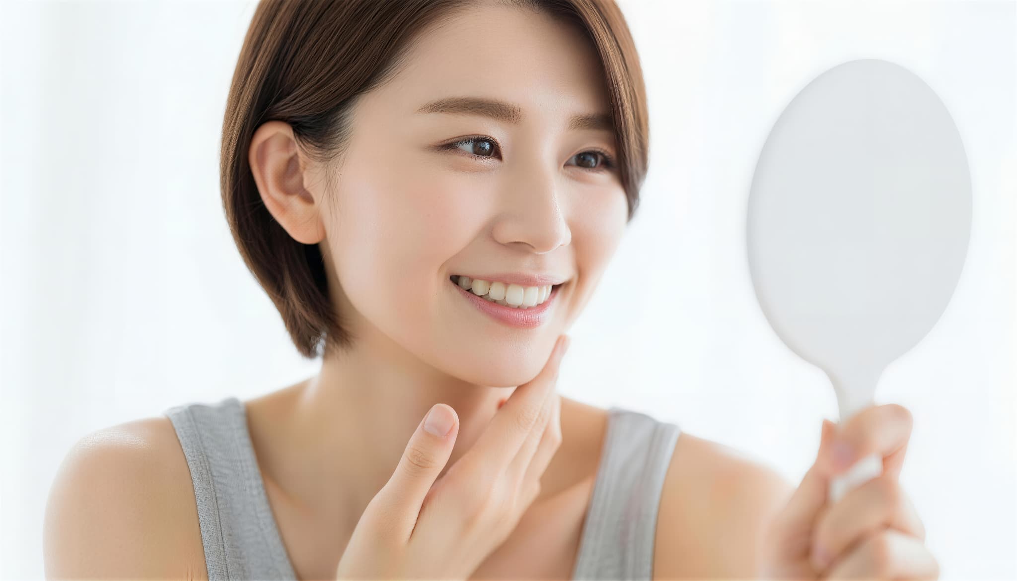 受け口を治療した口元を鏡で確認する女性